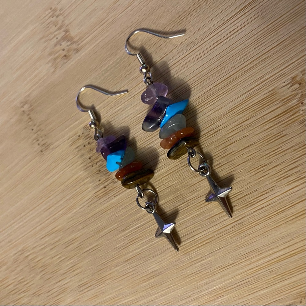 Star Chakra Pendant Dangle Earrings Stone Crystal Handmade Hook Silver Charm